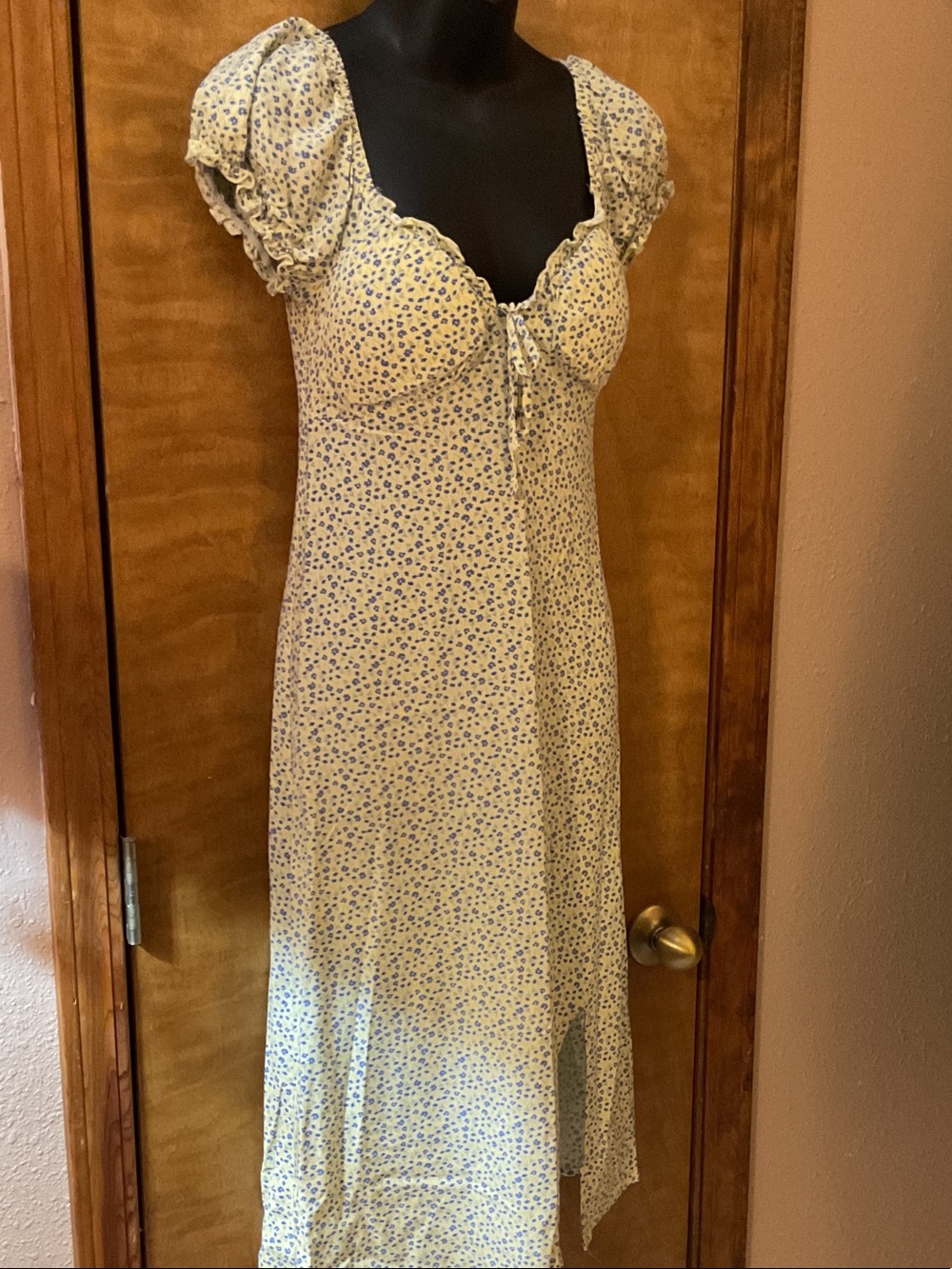 Floral Puff-Sleeve Midi Dress— Cream with Blue Floral